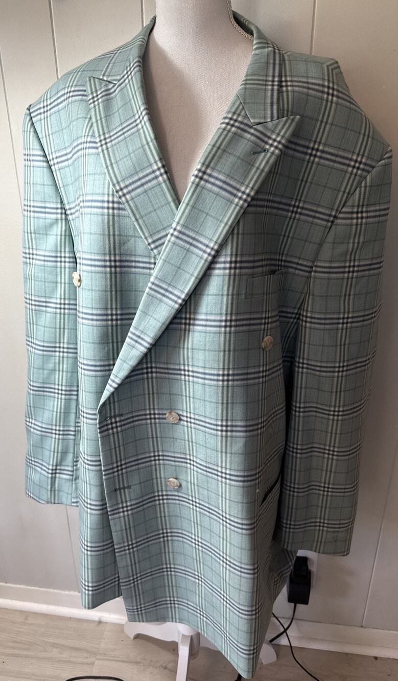 Paul Fredrick Blazer Sport Coat Super 100s 56L 100% Wool Seafoam Blue T24